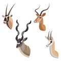 African antelope or gazelle portrait set made in unique simple cartoon style. Heads of gemsbok, greater kudu, impala and Royalty Free Stock Photo