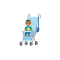 African baby boy with toy blue stroller full length avatar on white background, successful family concept, flat cartoon