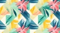 African banner with tropical leaves. Modern colorful tropical geometric pattern. Abstract pattern with exotic monstera and palm