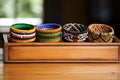 african beadwork bracelets in a decorated wooden box Royalty Free Stock Photo
