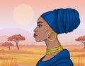 African beauty: animation portrait of the beautiful black woman in a blue turban and gold jewelry.