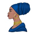 African beauty: animation portrait of the beautiful black woman in a blue turban.