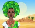 African beauty: animation portrait of the  beautiful black woman in a turban and ancient clothes and jewelry. Royalty Free Stock Photo