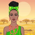 African beauty: animation portrait of the  beautiful black woman in a turban and ancient clothes and jewelry. Royalty Free Stock Photo