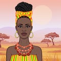 African beauty: animation portrait of the  beautiful black woman in a turban and ancient clothes and jewelry. Royalty Free Stock Photo