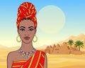 African beauty: animation portrait of the  beautiful black woman in a turban and ancient clothes and jewelry. Royalty Free Stock Photo