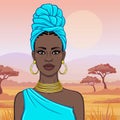 African beauty: animation portrait of the  beautiful black woman in a turban and ancient clothes and jewelry. Royalty Free Stock Photo