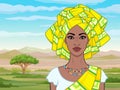 African beauty: animation portrait of the  beautiful black woman in a turban and ancient clothes and jewelry. Royalty Free Stock Photo