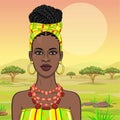 African beauty: animation portrait of the  beautiful black woman in a turban and ancient clothes and jewelry. Royalty Free Stock Photo