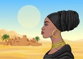 African beauty: animation portrait of the  beautiful black woman in a turban and gold jewelry. Royalty Free Stock Photo