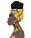 African beauty: animation portrait of the beautiful black woman in a turban and hairstyle Afro-braids.