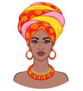 African beauty. Animation portrait of the young black woman in a turban. Royalty Free Stock Photo