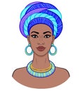 African beauty. Animation portrait of the young black woman in a turban.