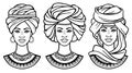 African beauty: set of animation portraits the beautiful black women in different ancient turbans.