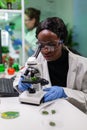 African biologist researcher analyzing gmo green leaf Royalty Free Stock Photo