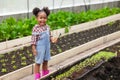 African black child playing planting the green tree gardening in agriculture farm. Children love nature concept