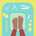 African black female feet in water bowl, top view. Spa procedures, beauty salon, pedicure. Pedicure tools. Vector illustration