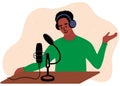 African black man in green clothes is doing live podcast. Male podcaster talking to microphone recording voice in studio. Vector Royalty Free Stock Photo