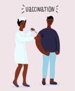 African black nurse vaccinates man. Routine vaccination. Protection against flu, coronavirus. Syringe, uniform. cartoon