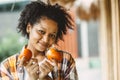 African black teen girl portrait with tomato healthy vetetable food for high vitamin Royalty Free Stock Photo