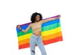 african black women with LGBT rainbow flag happy joyful cheerful celebrate pride month isolated on white background with clipping