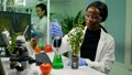 African botanist researcher taking genetic solution from test tube