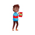 african boy child eating chips snack from package cartoon vector