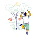 African Boy Drawing Tree, Bird and Flowers. Happy Child Character Painting on White Wall. Childhood, Happiness