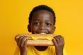 African Boy Eats Sub Sandwich In On Pastel Background Minimal Style High Stock Style