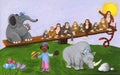 African boy, elephant, monkeys, snake and rhino Royalty Free Stock Photo