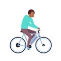 African boy riding electric bike over white background. hybrid bike concept. cartoon full length character. flat style