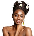 African Bride. Dark Skinned Beauty Woman with Wedding Hairstyle with White Flowers. Nigerian Model with Afro Hair Braids. Tanned Royalty Free Stock Photo