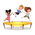 African and brunette girl, cute boy jumping at trampoline Royalty Free Stock Photo