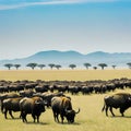 African Buffalo Herd Grazing in Royalty Free Stock Photo