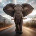 African bull elephant walks down African road