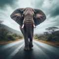 African bull elephant walks down African road