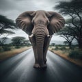 African bull elephant walks down African road