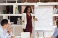 African business coach businesswoman makes presentation for staff at boardroom