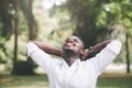 African business man smile and standing on green nature background with hands above head Royalty Free Stock Photo