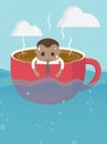 African business men tired in cup of coffee in vast sea with a tired expression showing his overwork