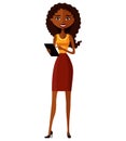 African business young girl standing with tablet. Happy African American woman character with tablet. Pleasantly smiling b