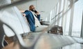 African businessman, airport and phone call with excited smile, focus and networking on business trip. Corporate black Royalty Free Stock Photo