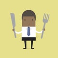 African businessman with fork and knife. Royalty Free Stock Photo