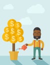 African businessman happily watering the money