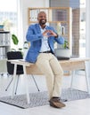 African businessman, heart sign or office for smile, happiness or sitting on desk with love. Black man, corporate