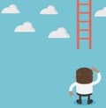 African businessman missing ladder climbing upwards. confused