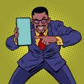 African businessman shows on smartphone. Mobile technologies and new gadgets