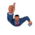 African businessman with a smartphone like, thumbs up. Flying like a superhero Royalty Free Stock Photo