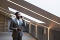 African Businessman Speaking by Phone in Grey Office Royalty Free Stock Photo