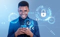 African businessman using phone, metaverse and padlock hud Royalty Free Stock Photo